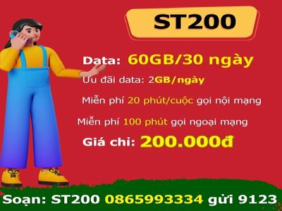 Gói ST200 Viettel - 60GB với 30 ngày, miễn phí các cuộc gọi