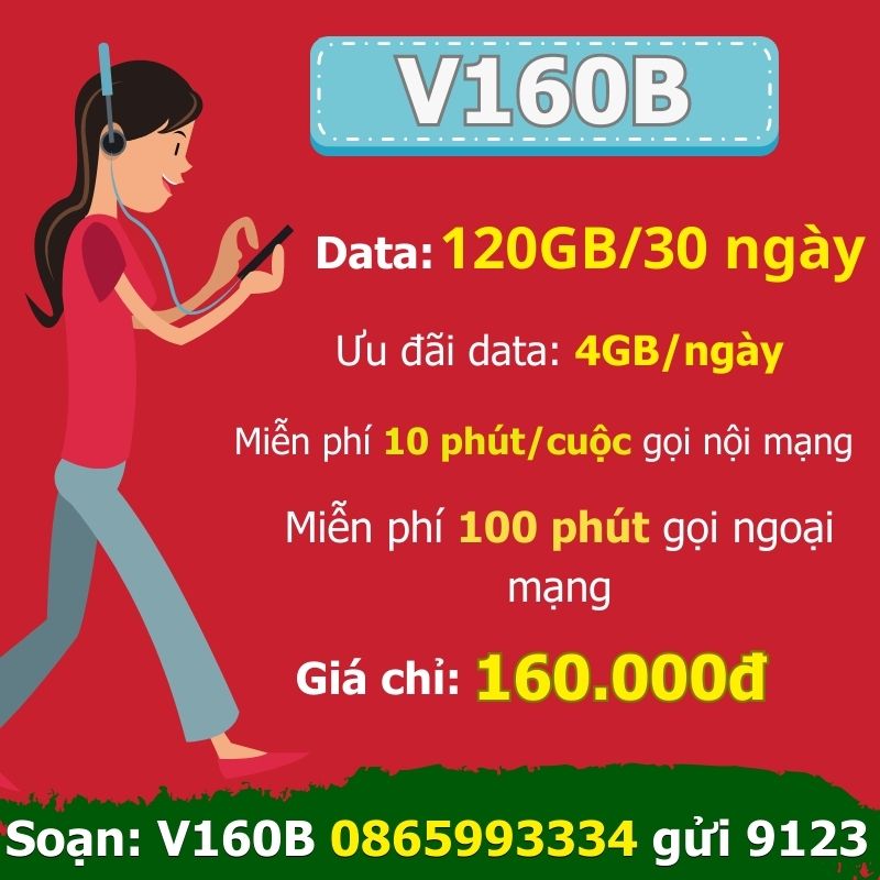 Gói V160B miễn phí 4GB dữ liệu và miễn phí các cuộc gọi nội mạng.